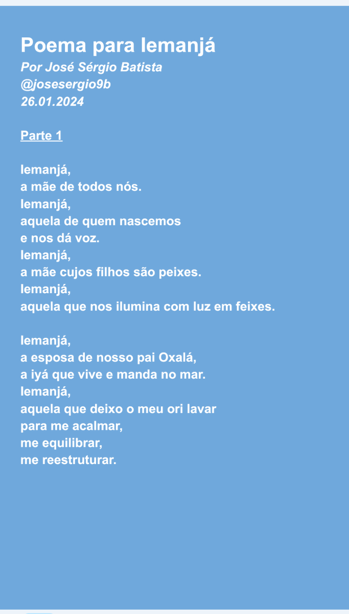 josesergio9b's tweet photo. Poema para Iemanjá
Por José Sérgio Batista

#poesia #poesía #poetry #poema #literaturabaiana #literaturacontemporânea #iemanjá #orixá #orixás #umbanda #matrizafricana #gebo #prana #oxalá #olorum #salvador #bahia #riovermelho #josésérgio9b https://t.co/Z93u6ht5pf