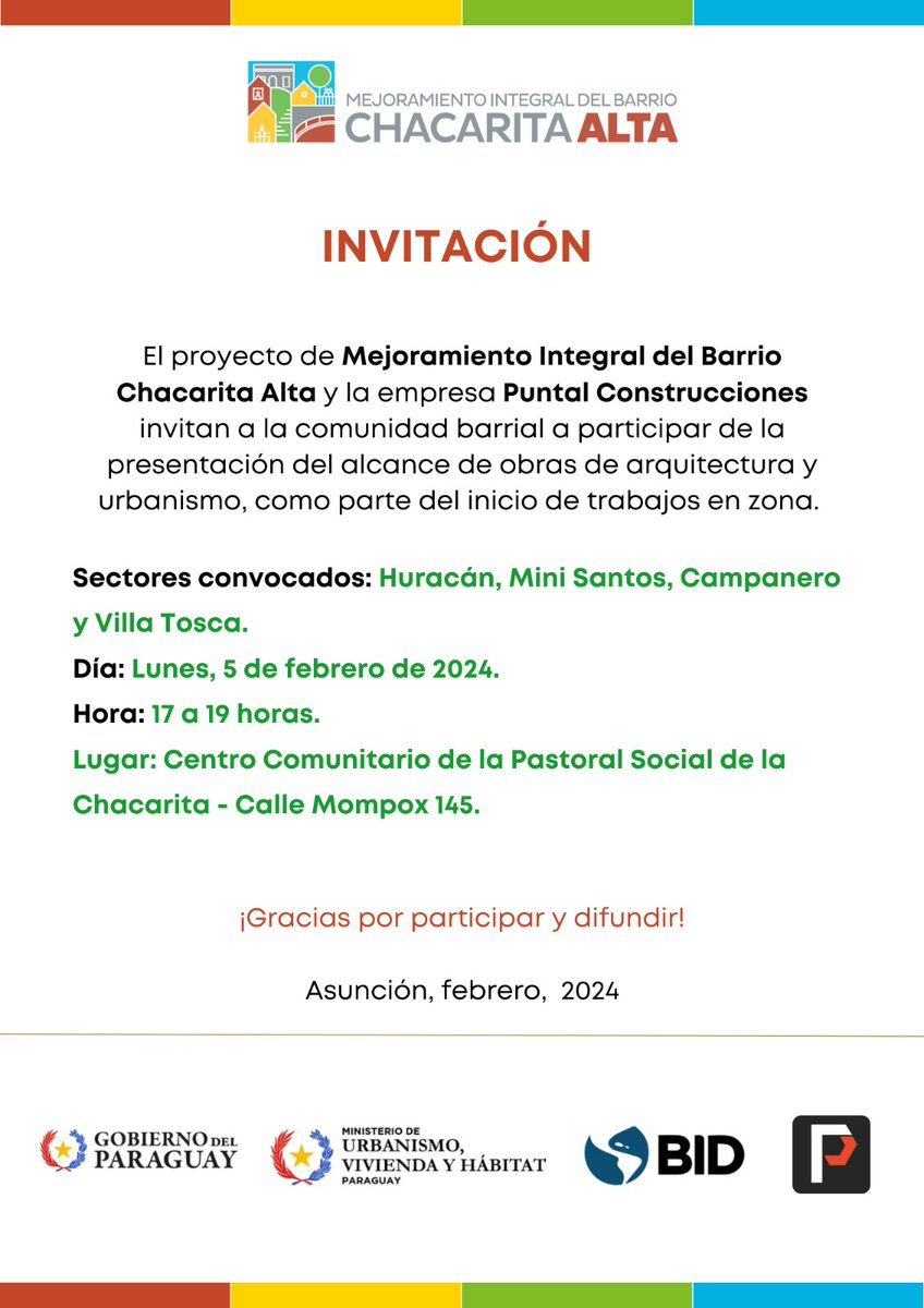 juancbaruja's tweet photo. Desde el Gobierno del Presidente  @SantiPenap  apuntamos a la participación ciudadana, trabajando juntos para beneficio de la comunidad. 
Invitamos a la presentación de avances de obras: 
🗓Lunes, 5 de febrero.
⏰ 17 a 19 hs.
🏡 Centro de la Pastoral Social del barrio Chacarita. https://t.co/Q5H3tht8XB