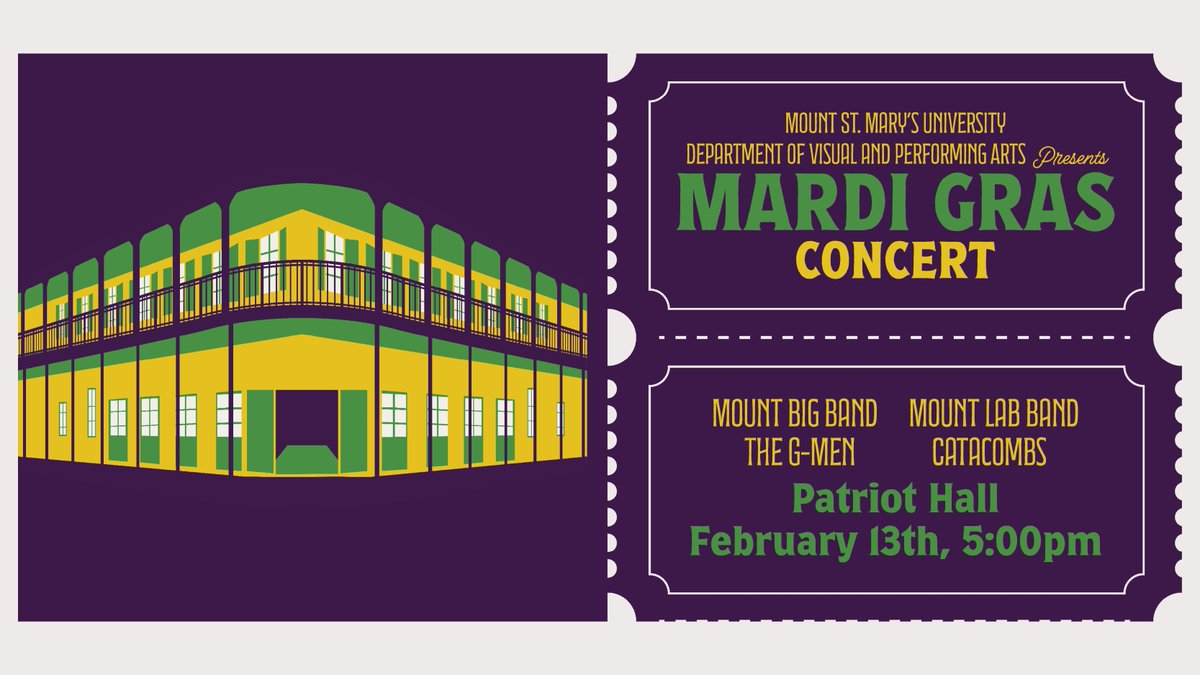 Join us February 13th in Patriot hall for our annual Mardi Gras concert at 5:00pm. Featuring Mount Big Band, Mount Lab Band, The G-Men, &amp; Alumni Band Catacombs #GoMount #MountVPA