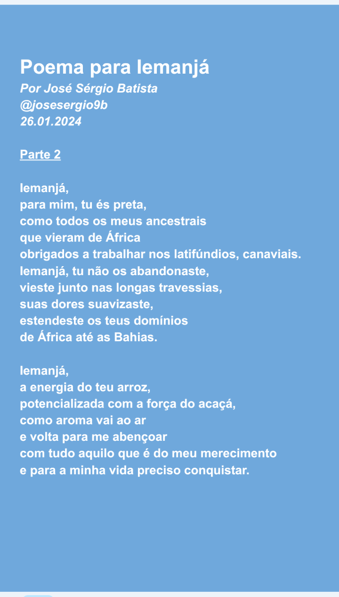 josesergio9b's tweet photo. Poema para Iemanjá
Por José Sérgio Batista

#poesia #poesía #poetry #poema #literaturabaiana #literaturacontemporânea #iemanjá #orixá #orixás #umbanda #matrizafricana #gebo #prana #oxalá #olorum #salvador #bahia #riovermelho #josésérgio9b https://t.co/Z93u6ht5pf