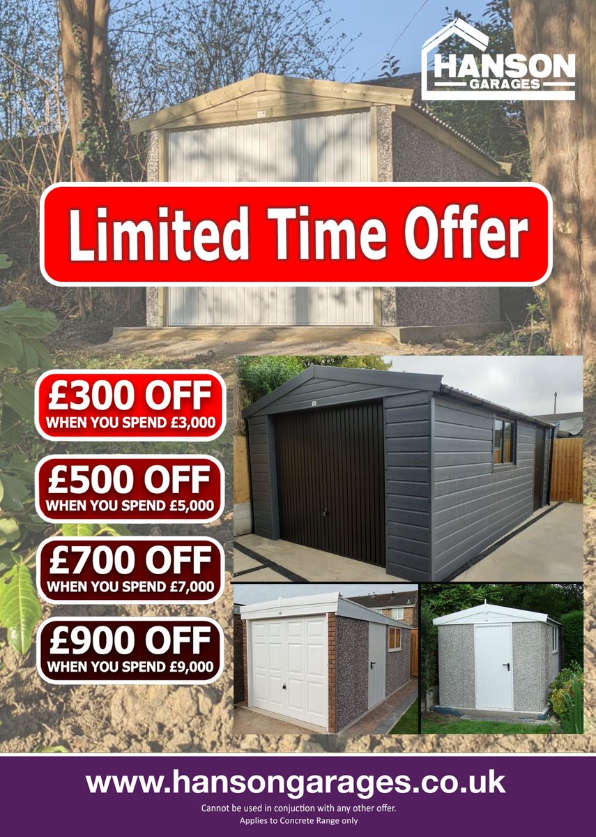 Do you want to save BIG on your next project❓❗

We are here to help you design your perfect garage with the Best prices ✅

🚨🚨🚨Hurry! Offer Ends Soon🚨🚨🚨

To place your order or book a Free Site survey, call us on 01977 695111 📞

🌍hansonconcretegarages.co.uk