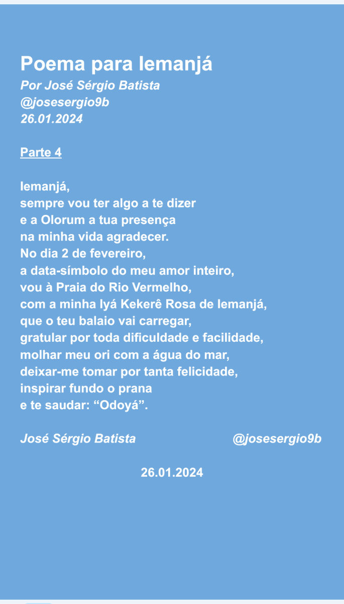 josesergio9b's tweet photo. Poema para Iemanjá
Por José Sérgio Batista

#poesia #poesía #poetry #poema #literaturabaiana #literaturacontemporânea #iemanjá #orixá #orixás #umbanda #matrizafricana #gebo #prana #oxalá #olorum #salvador #bahia #riovermelho #josésérgio9b https://t.co/Z93u6ht5pf