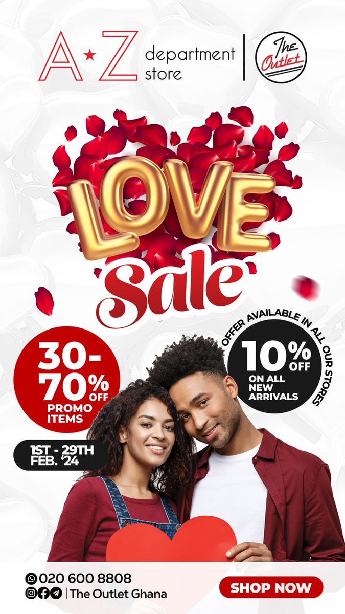 TheAtlanticMall's tweet photo. Love Sales is on! 🥳🥳

Come and shop for your loved ones on a budget. 
From the 1st to the 29th of February, enjoy 30-70% off on all items and 10% off on all new arrivals. 

It's the month of love and with “The Outlet Ghana” you can smile throughout the month! 

 #loveshopping https://t.co/dR22P1wOzI