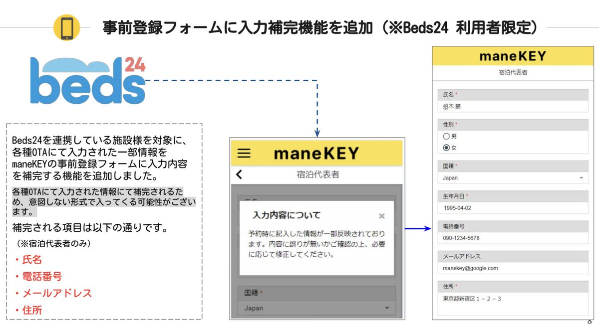 yoshiokasaeko's tweet photo. スマートチェックイン #maneKEY の機能改善で、ゲスト情報の入力補完機能が追加されてるーっ👏
「予約時に入力した個人情報をチェックインアプリでもう一回入力させられるあの無意味な二度手間」が大幅に解消される...神対応あざます📷😌 https://t.co/pljG0GBGUe