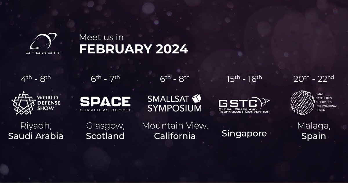 Busy February! These are the main events that we are attending this month: 🛰️World Defense Show, 🛰️Space Suppliers Summit, 🛰️SmallSat Symposium, 🛰️Global Space and Technology Convention, 🛰️Small Satellites and Services International Forum Come joins us! #space #wearedorbit