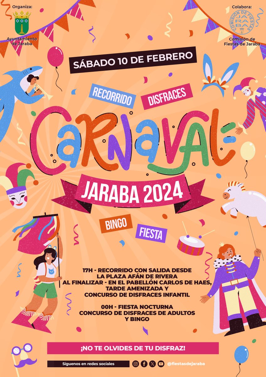 fiestasdejaraba's tweet photo. ¡Prepara tu mejor disfraz porque ya está aquí de nuevo la fiesta de Carnaval! 🎉

¡Os esperamos!

#carnavaljaraba24 https://t.co/uA8gEyfawF