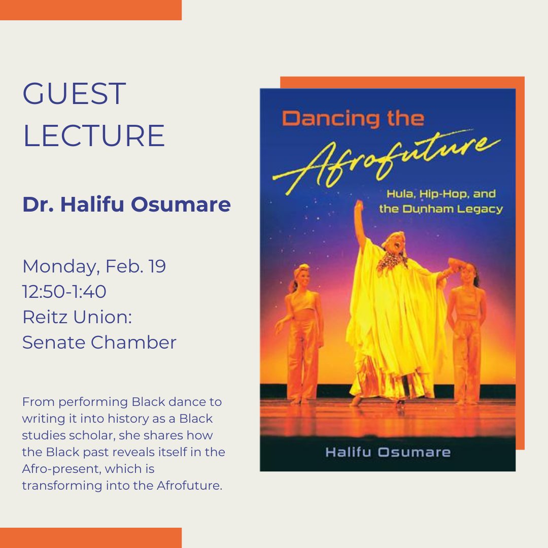 floridapress's tweet photo. Halifu Osumare will discuss her new book DANCING THE AFROFUTURE: HULA, HIP-HOP, AND THE DUNHAM LEGACY at the @UF Reitz Union Senate Chamber on Monday, February 19, 12:50-1:40pm.
For more information: https://t.co/GgZfCjgKAq https://t.co/Uf8ue7ijr9