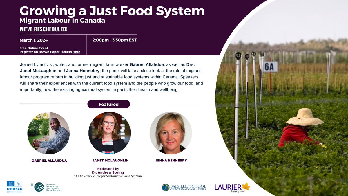 The Laurier Centre for Sustainable Food Systems (@lcsfsresearch) on Twitter photo Rescheduled!
🌽Growing a Just Food System
🗓 March 1 2024
⏰ 2 - 3:30pm EST
Join activist Gabriel Allahdua (<a href="/j4mw/">Justice4MigrantWkers</a>) and Drs <a href="/ProfJMcLaughlin/">Janet McLaughlin</a> and <a href="/JennaLHennebry/">Jenna Hennebry</a> online for a panel discussion on the migrant workers who grow our food in Canada
Register Now brownpapertickets.com/event/6236026 Rescheduled!
🌽Growing a Just Food System
🗓 March 1 2024
⏰ 2 - 3:30pm EST
Join activist Gabriel Allahdua (<a href="/j4mw/">Justice4MigrantWkers</a>) and Drs <a href="/ProfJMcLaughlin/">Janet McLaughlin</a> and <a href="/JennaLHennebry/">Jenna Hennebry</a> online for a panel discussion on the migrant workers who grow our food in Canada
Register Now brownpapertickets.com/event/6236026