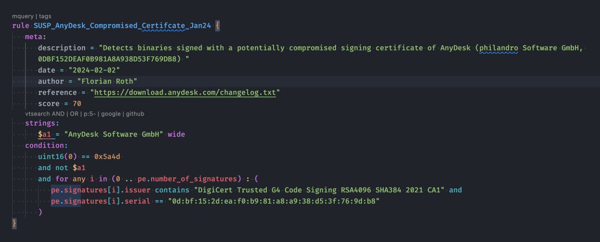 I have created a YARA rule to detect binaries that are signed with a potentially compromised AnyDesk signing certificate 

(if the PE header info isn't AnyDesk -> other binaries signed with the compromised cert)

#100DaysOfYARA #AnyDesk 
github.com/Neo23x0/signat…