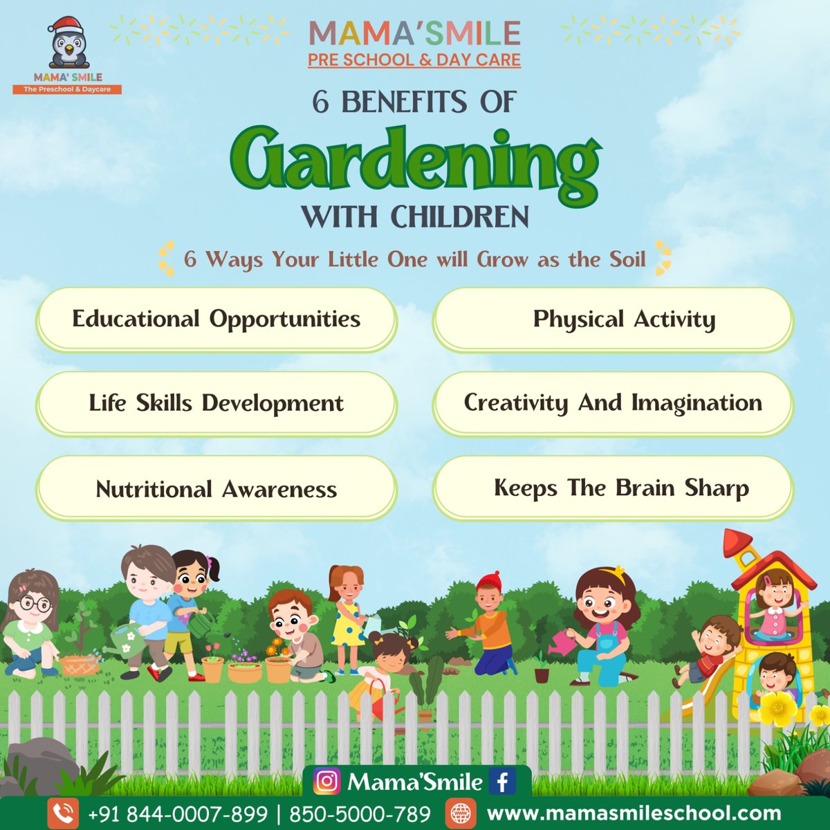 Did you know that gardening with children has more benefits than just growing plants? 🌱 Let's see these 6 ways it can benefit your child's development. #gardeningwithkids #familybonding #outdoorfun #mamasmile #preschool #daycare