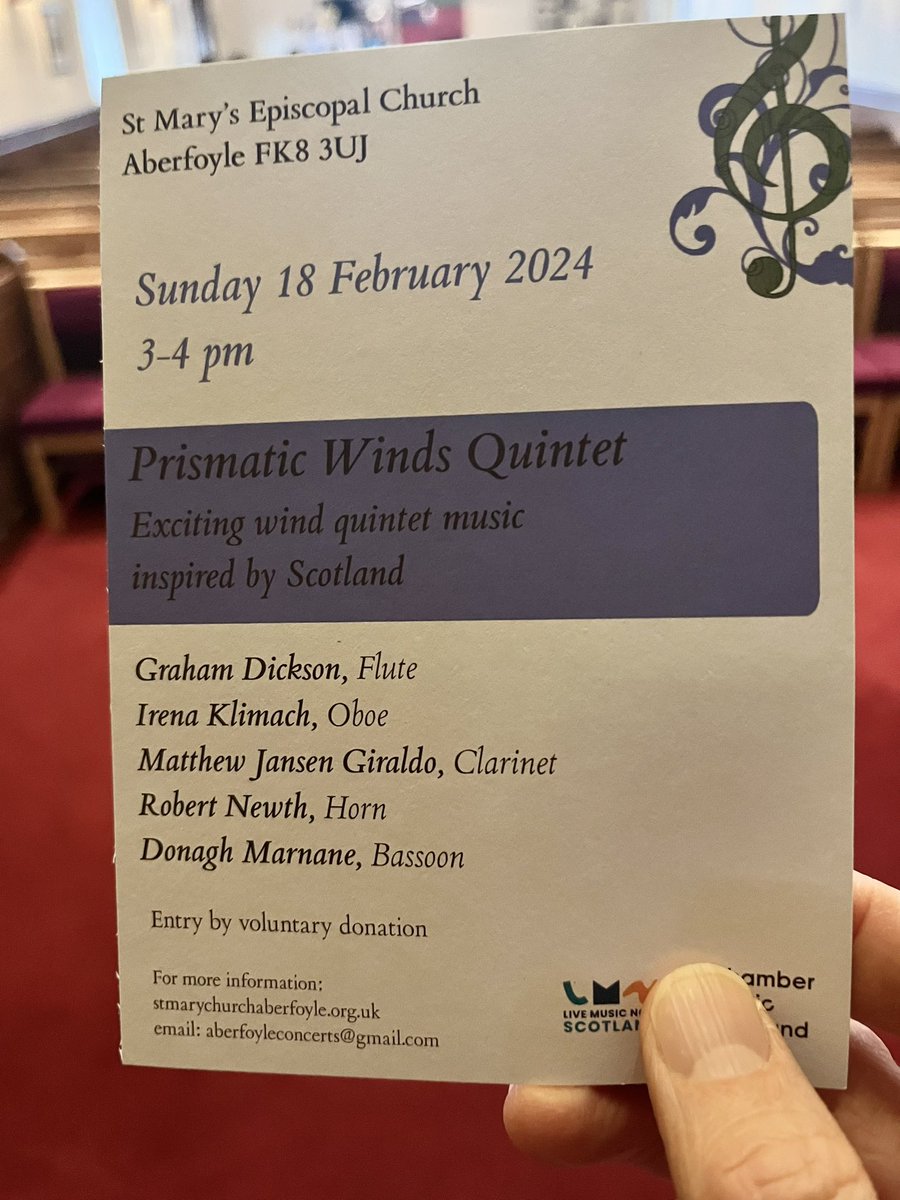 A new concert to look forward to.
<a href="/prismaticwinds/">Prismatic Winds</a> <a href="/StMaryAberfoyle/">St Mary's Episcopal Church, Aberfoyle</a>