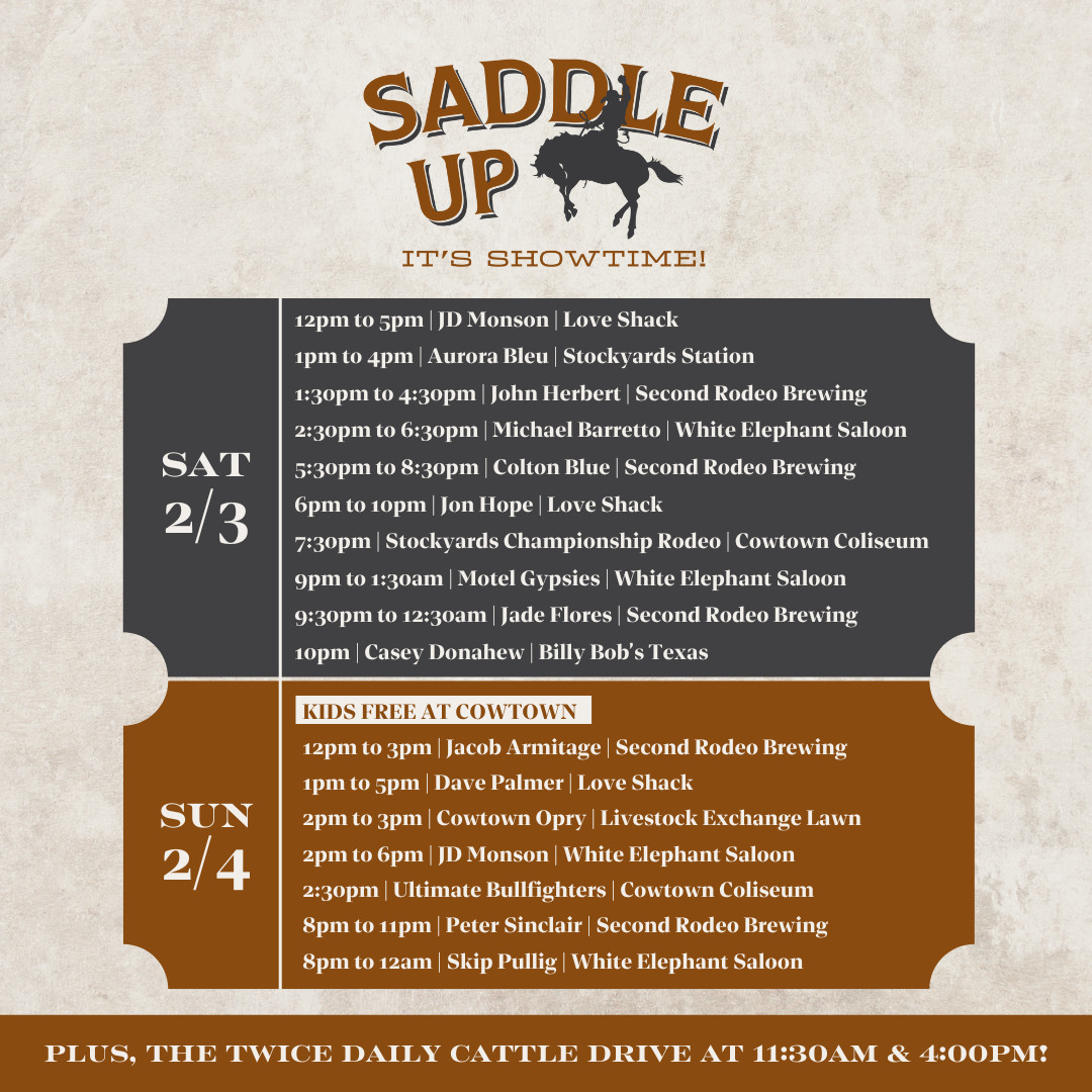 Join us in The Stockyards this weekend for live music, events and entertainment! Plus, make sure to Saddle Up & Save, at @CowtownColiseum, Friday and Sunday, when children 12 and up will receive free admission with the purchase of an Adult ticket! 🤠 fortworthstockyards.com/events/