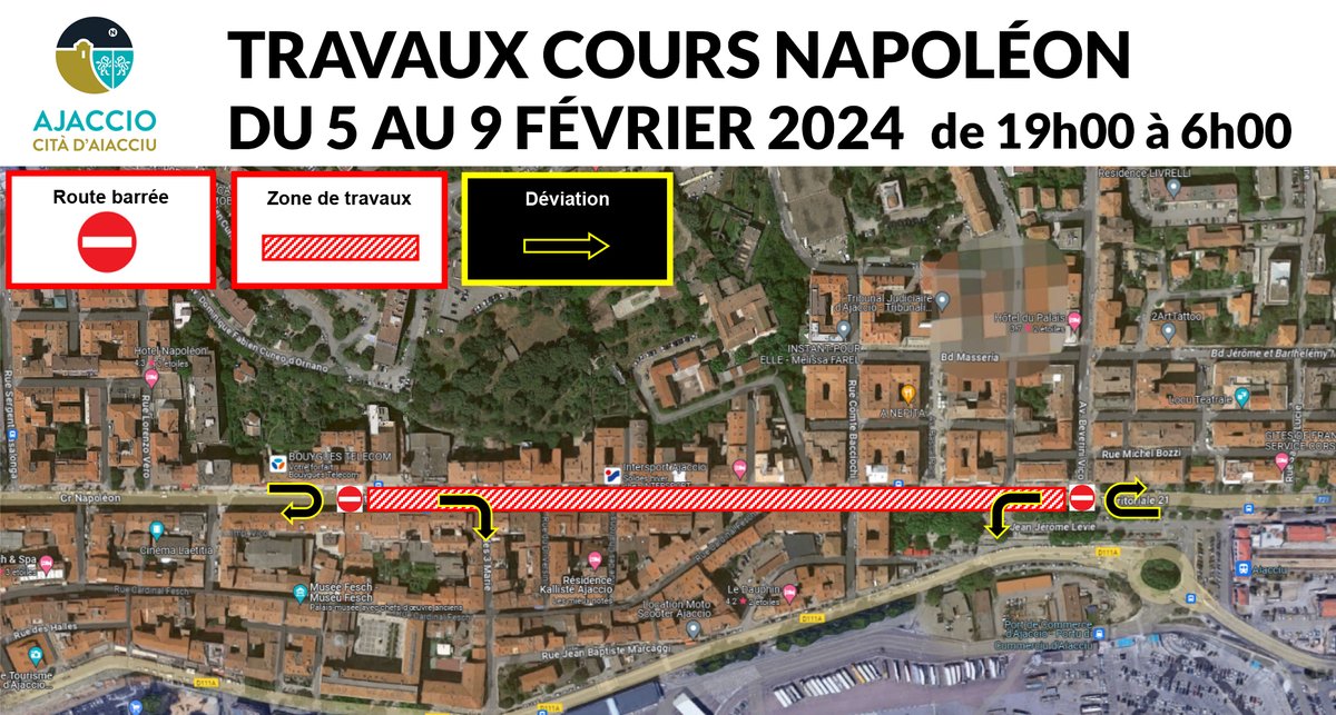 ⚠️ À partir de ce lundi 5 jusqu’au vendredi 9 février, des travaux de rabotage et de réfection d’enrobés, conduits par la Collectivité de Corse, seront réalisés de nuit (de 19h à 6h) dans la section comprise entre l’église Saint Roch et le chemin de la Pietrina. 2/3