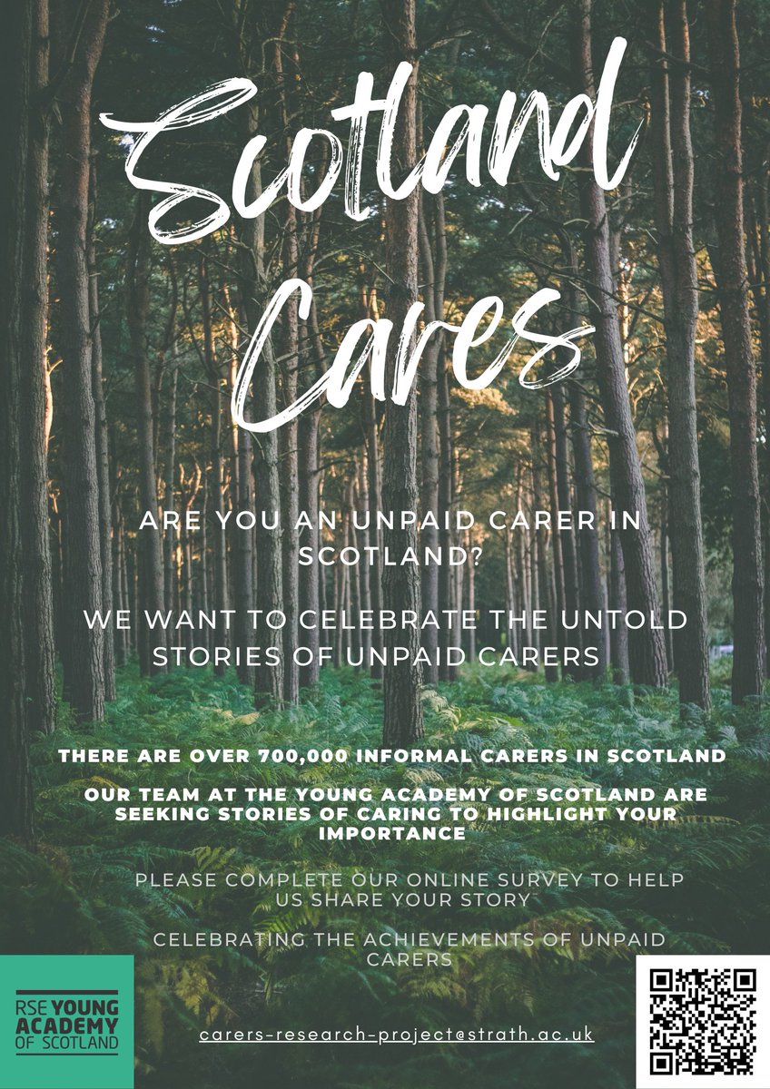 The Young Academy of Scotland are looking to hear from carers for their 'Scotland Cares' project, which aims to promote the visibility of carers and their voice around the critical role of caring. To find out more or get involved, contact carers-research-project@strath.ac.uk