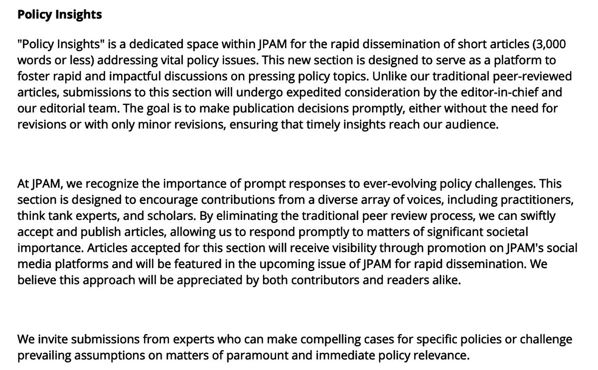 JPAM_DC's tweet image. 📣  We are excited to introduce "Policy Insights" at JPAM, our newest platform for rapid dissemination of short, impactful articles on pressing policy issues. Seeking contributions from practitioners, think tank experts, and academic scholars, this section streamlines the…
