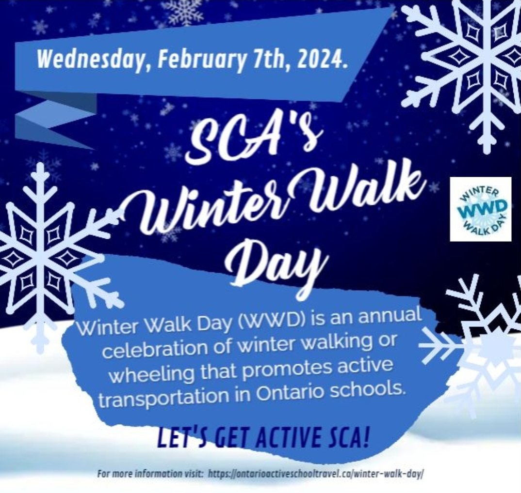 SCA will be participating in Winter Walk Day this coming Wed. Feb 7th! Schools celebrate winter walking and remind students and families that active travel doesn't need to stop when the weather gets colder! <a href="/WigstonJennifer/">Jennifer Wigston 🙏🏼 📿 🛐 🇺🇦</a> <a href="/DomenicScuglia/">Domenic Scuglia -</a>