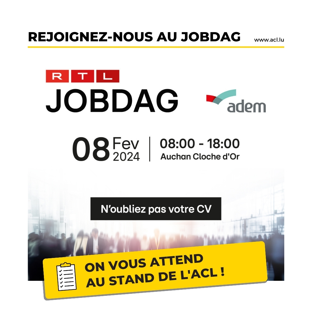 Retrouvez l'ACL le jeudi 8 février au RTL Jobdag au sein du Shopping Center Cloche d'Or. Vous pourrez échanger avec nous sur les opportunités de carrières à l'ACL et pourquoi pas postuler à l'une de nos offres ! #job #luxembourg