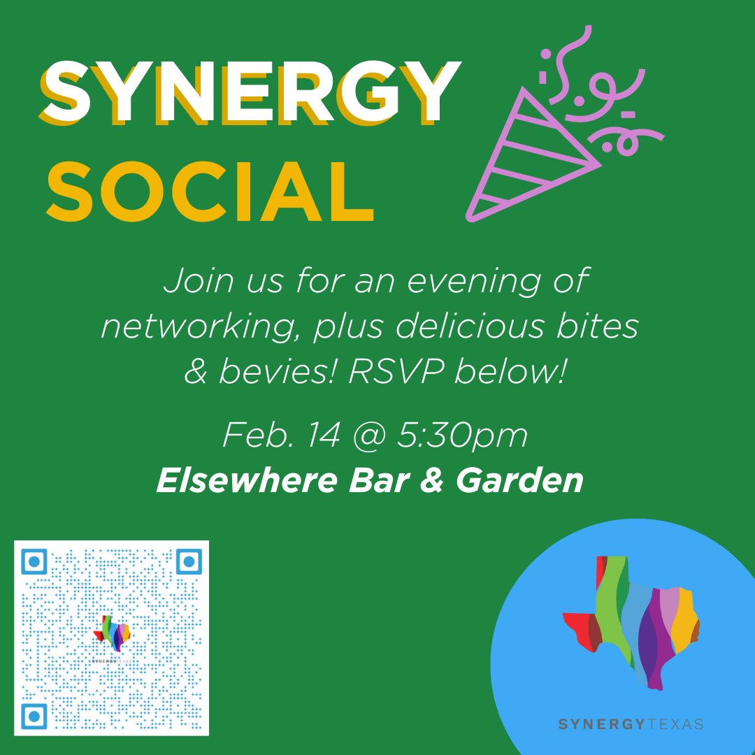 SynergyTexas's tweet photo. If you are attending the TALAE Conference in San Antonio, make plans to join us for a Synergy Social at Elsewhere Garden Bar &amp; Kitchen. 🌸 Get to know our Synergy mission, partners, and network with other attendees. Hope to see you there!
>>RSVP: https://t.co/SwcT375voN https://t.co/6EQktEfsEl