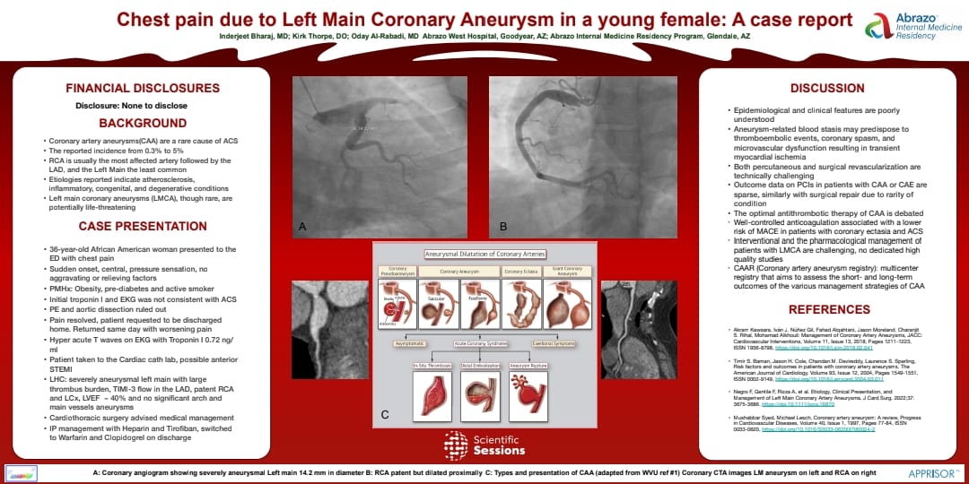 Bharaj23singh's tweet photo. @mandeep_mayo This was our poster for AHA on LM aneurysm in a young female. No intervention was possible given the size of the aneurysm, no target for graft so managed conservatively. https://t.co/lUdGQrV9F4