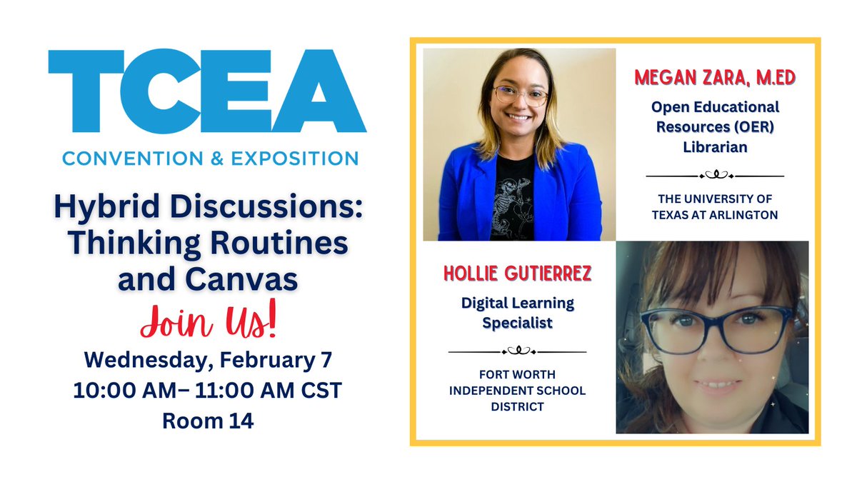 🌎 Megan Zara, OER Librarian 📚(ꚃᏂᥱ ∕ Ꮒᥱⲅ) (@idiglit) on Twitter photo Join <a href="/HGSUPERgenius/">Hollie Gutierrez</a> and I in Hybrid Discussions: Thinking Routines and Canvas at #TCEA!
Merge the power of <a href="/ProjectZeroHGSE/">Project Zero</a> Thinking Routines and <a href="/Canvas_by_Inst/">Canvas by Instructure</a> discussions to explore the art of #HybridDiscussions for face-to-face, online, and blended learning 📚💻 Join <a href="/HGSUPERgenius/">Hollie Gutierrez</a> and I in Hybrid Discussions: Thinking Routines and Canvas at #TCEA!
Merge the power of <a href="/ProjectZeroHGSE/">Project Zero</a> Thinking Routines and <a href="/Canvas_by_Inst/">Canvas by Instructure</a> discussions to explore the art of #HybridDiscussions for face-to-face, online, and blended learning 📚💻