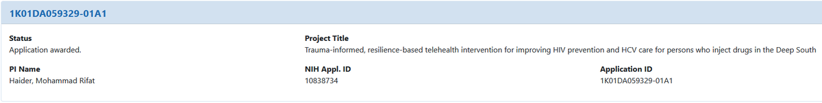 Just received my K01 award from NIDA <a href="/NIDAnews/">NIDAnews</a>. I will develop a trauma-informed and resilience-based telehealth intervention for optimizing HIV prevention and Hepatitis C care among persons who inject drugs living in the rural South. #AcademicTwitter #substanceusedisorders
