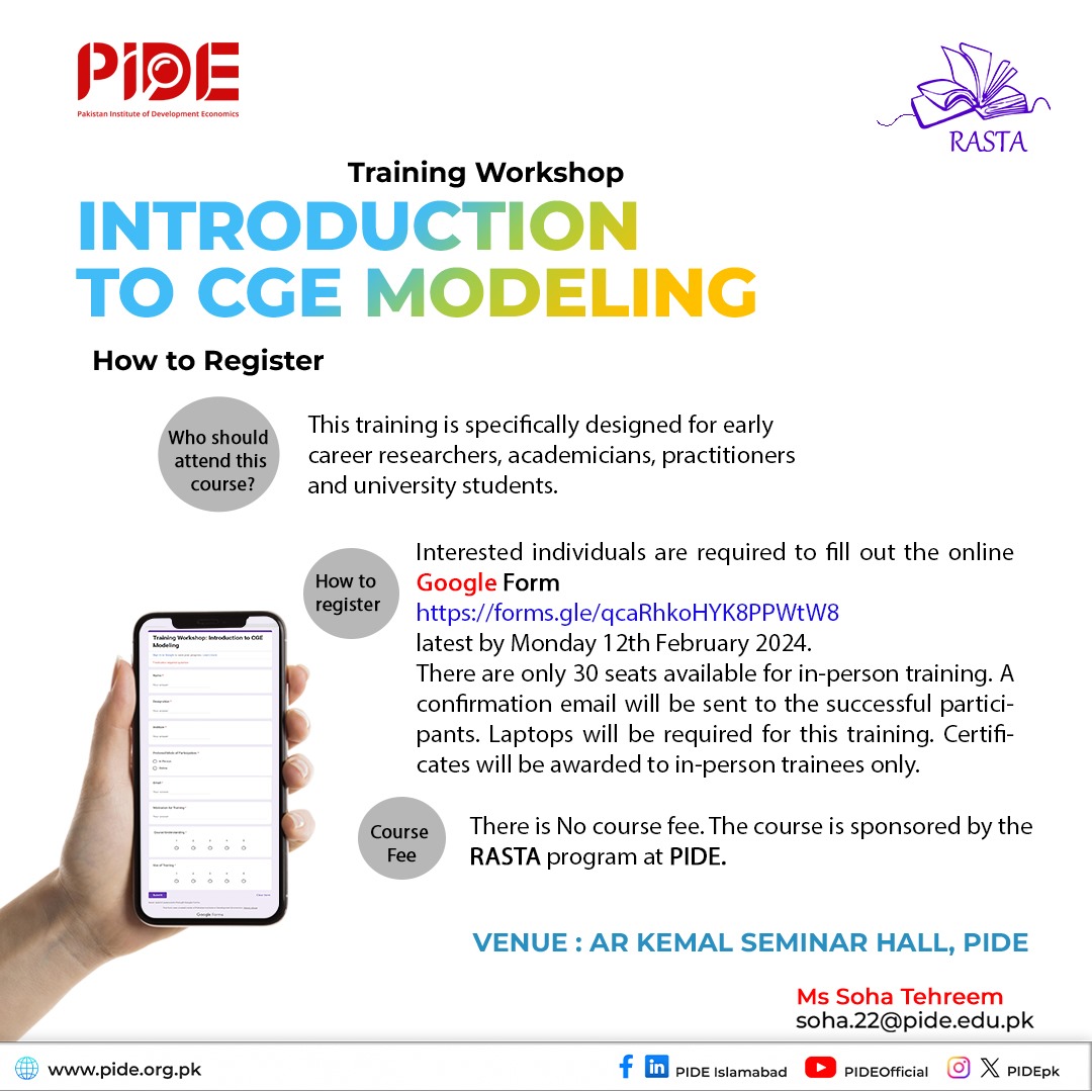 @PIDEpk offers a free two days training workshop on computable general equilibrium (CGE) modeling. For Details: pide.org.pk/webinar/introd… Registration for training: forms.gle/qcaRhkoHYK8PPW…