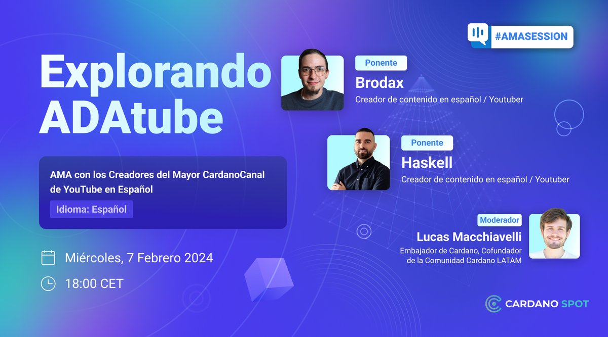 🎙Get to know the coolest Spanish-speaking projects on #Cardano with us!

⚡Join AMA with <a href="/Haskell_Gz/">Haskell⚡</a> and <a href="/BrodaxOficial/">BrodaxØficial🇪🇸☦️</a>, as we delve into the discussion about ADAtube — the largest Spanish-speaking Cardano YouTube channel!

👉🏻Join Us: cardanospot.io/exploring-adat…
🇪🇸Language: Spanish