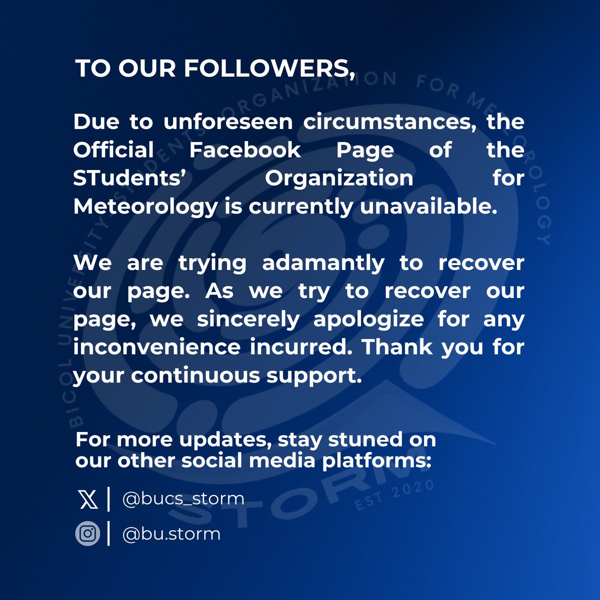 bucs_storm's tweet photo. [ IMPORTANT ADVISORY ]

To our followers,

Due to unforeseen events, the official STORM Fb page is currently unavailable. We sincerely apologize for any inconvenience, and we thank you for your continuous support.

For updates, you may follow our other social media platforms. https://t.co/YFMtoS3zMm
