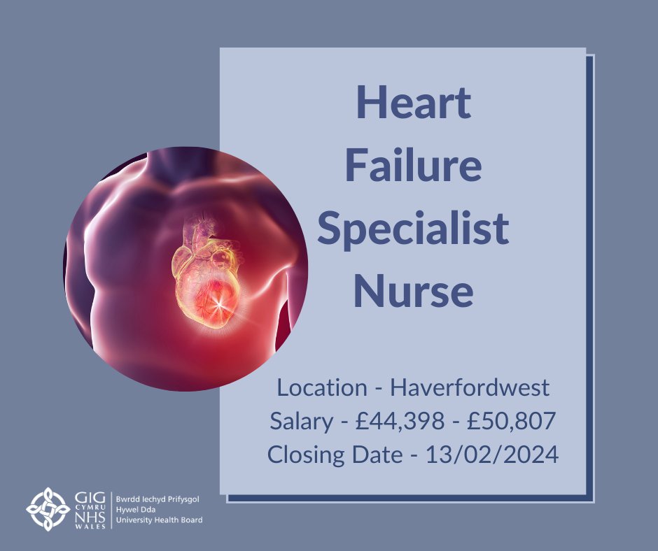 ** Heart Failure Nurse Specialist **

✅ Work collaboratively with members of the multidisciplinary team
✅ Work with clients with highly complex needs using evidence based/client centred principle

Interested?
Apply here 👉 hduhb.nhs.wales/working-for-us…

#HywelDdaJobs #SwyddiHywelDda