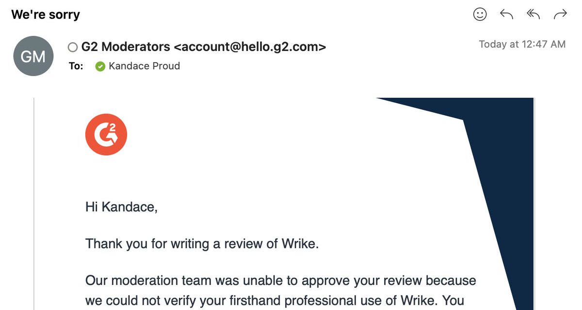 ProudMarketer's tweet photo. Sorry @wrike - I'm trying to sing your blessings on @G2dotcom after trying your competitors but they've rejected it TWICE. I guess since I don't use it now. Also, you may want to update your feature review section?  🤷‍♀️ #missyou https://t.co/p4OZQGBQ1L