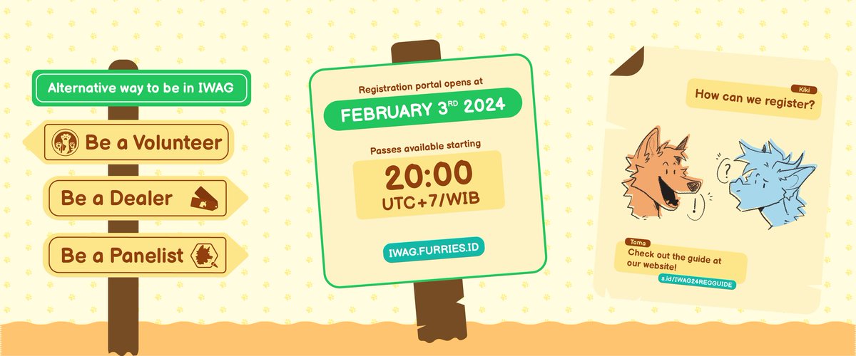 iwag_furs's tweet photo. Hi Fluffies and Scalies!

Are you ready to register for IWAG 2024 tomorrow? 

If you are, then don't miss this opportunity to join an exciting new furry event in Indonesia! 

But hurry, because the passes are limited! You can reserve your pass starting at 8 PM UTC+7 tomorrow! https://t.co/VJLVEFDVyn