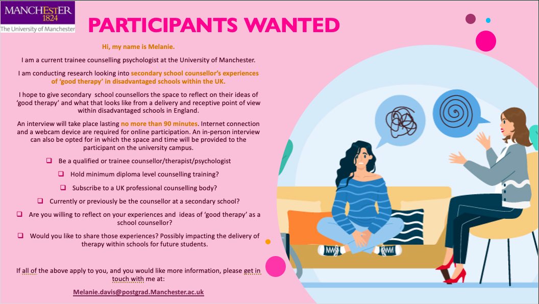 Looking for school-based counsellors in the UK to interview as part of my doctoral research with <a href="/OfficialUoM/">The University of Manchester</a>. 
Please see the attached poster for more details. 
Any enquires can be made using the email provided in the advert. 
Thank you, and I look forward to hearing from you!