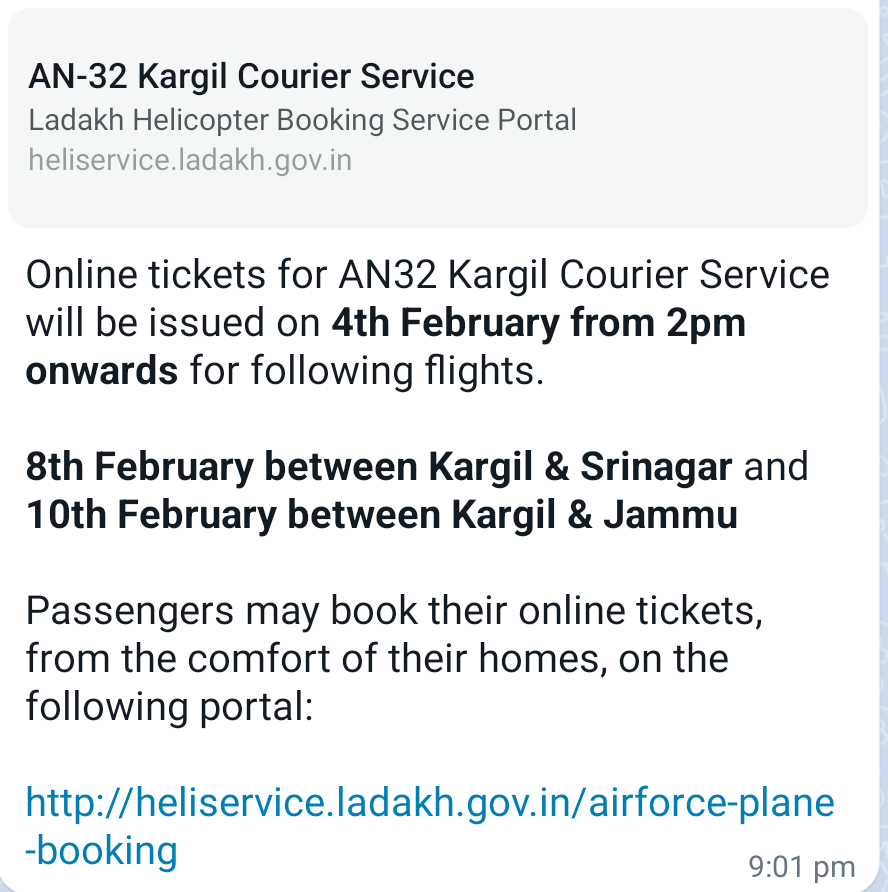 DIPR_Kargil's tweet photo. Online tickets for AN32 Kargil Courier Service will be issued on *4th February from 2pm onwards* for following flights.

*8th February between Kargil &amp; Srinagar* and *10th February between Kargil &amp; Jammu*

Passengers can book tickets on below link👇

https://t.co/UfpS3Wm4lF https://t.co/Eb3wCHRniZ
