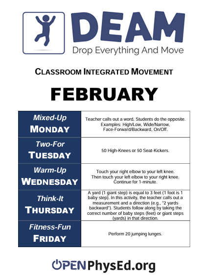It's Active Classrooms Month! #ActiveClassrooms Classroom DEAM from @OPENPhysEd gives teachers options for getting students active each day of the week in fun, unique ways! PDF Link: openphysed.org/wp-content/upl… Video: youtube.com/watch?v=mnUBv3…