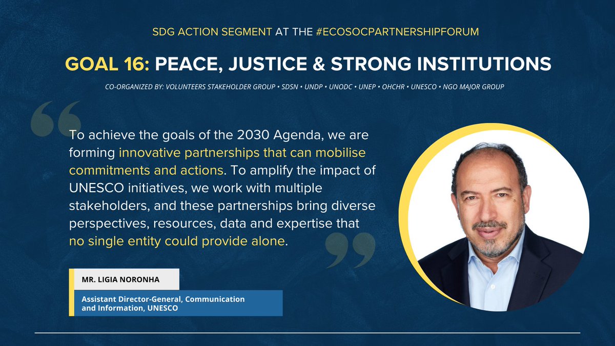 Indeed, #partnerships are essential in achieving the #SDGs 🤝 and @UNDP is grateful for its strong partnership with @UNESCO 🇺🇳 Thank you @TawfikJelassi for your interventions during the #SDG16 Action Segment at the #ecosocpartnershipforum!