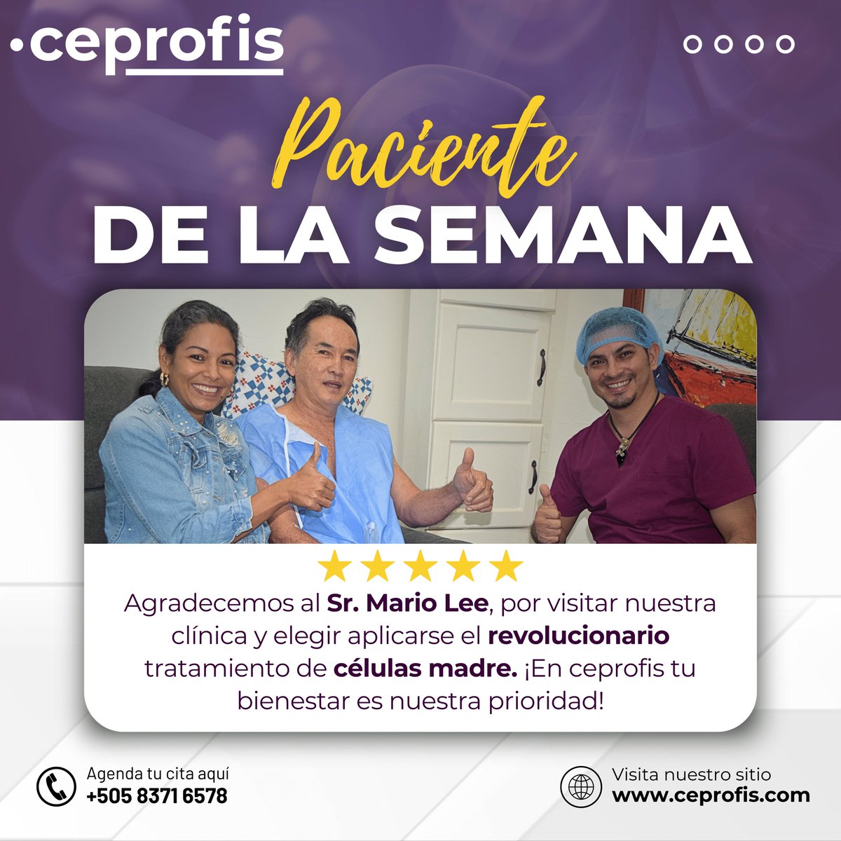 CE_PRO_FIS's tweet photo. ✨Transformación y Renovación con CEPROFIS✨
Esta semana celebramos al Sr. Mario Lee, quien dio un paso audaz hacia la revitalización con nuestro tratamiento de células madre. Su experiencia es un testimonio del poder regenerativo y las posibilidades de una vida plena. #CEPROFIS https://t.co/Gwm7D7X8aX