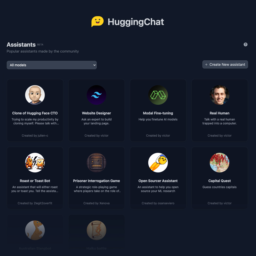 mvaloatto's tweet image. Greetings, #HuggingChat Assistants! 🥁 huggingface.co/chat/assistants