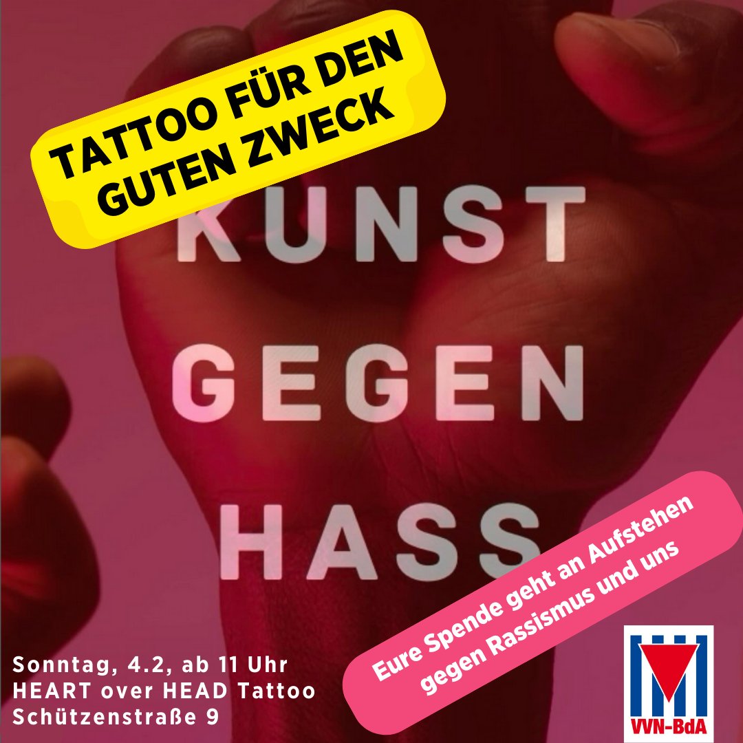 KUNST gegen HASS!

🗓 Sonntag, 04.02. ab 11 Uhr
📍 HEART over HEAD Tattoo, Schützenstraße 9

Die stabilen Menschen vom HEAD over HEART Tattoo-Studios stechen am Sonntag kleine Tattoos gegen Spende. Tausend Dank für diese geile Aktion! ❤️🙏

Infos: heartoverhead.hamburg/tattoo-studio/