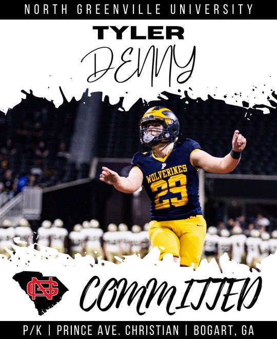 Tyler Denny #29 (@tylerdenny34) on Twitter photo 100% Committed! Thank you @ngucrusadersHBC and <a href="/CoachTyYoung/">Ty Young</a> for the opportunity and believing in me. Let’s get to work! <a href="/pacsfootball1/">PACS Football</a> <a href="/PACFBrecruiting/">PACS Recruiting</a> <a href="/NGUFootball1/">North Greenville Football</a> <a href="/GVandagriff/">Greg Vandagriff</a> <a href="/NEGARecruits/">Northeast Georgia Recruits</a> <a href="/SESNsports/">Southeast Sports Network</a> <a href="/CoachMarcNolan/">Coach Marc Nolan</a> @USFBRecruits <a href="/RecruitGeorgia/">Recruit Georgia</a> <a href="/Chris_Sailer/">Chris Sailer Kicking</a> 100% Committed! Thank you @ngucrusadersHBC and <a href="/CoachTyYoung/">Ty Young</a> for the opportunity and believing in me. Let’s get to work! <a href="/pacsfootball1/">PACS Football</a> <a href="/PACFBrecruiting/">PACS Recruiting</a> <a href="/NGUFootball1/">North Greenville Football</a> <a href="/GVandagriff/">Greg Vandagriff</a> <a href="/NEGARecruits/">Northeast Georgia Recruits</a> <a href="/SESNsports/">Southeast Sports Network</a> <a href="/CoachMarcNolan/">Coach Marc Nolan</a> @USFBRecruits <a href="/RecruitGeorgia/">Recruit Georgia</a> <a href="/Chris_Sailer/">Chris Sailer Kicking</a>
