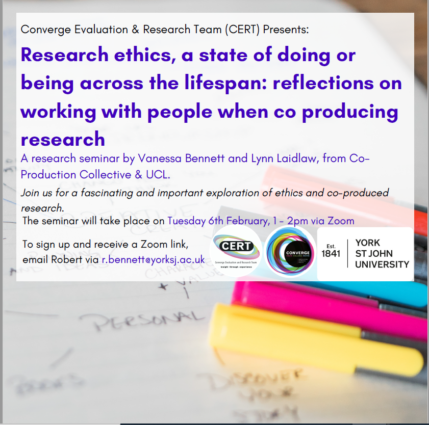 📢Join our very own @bennett_ness and @lynn_laidlaw next🗓️ Tuesday 6 February on Zoom from 13.00-14.00 to discuss Research ethics, a state of doing or being across the lifespan: reflections on working with people when co producing research. See👇 for how to book.