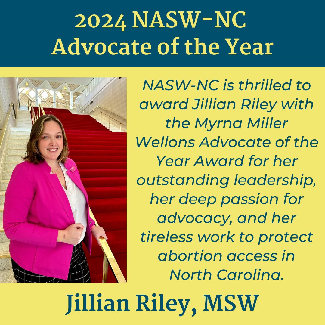 NASW-NC is proud to award Jillian Riley, MSW, with the 2024 NASW-NC Myrna Miller Wellons Advocate of the Year Award!

A huge congratulations to Jillian... you can read more about her accomplishments here: naswnc.org/news/663534/Ji…

#naswnc #nasw #socialwork #socialworkers #msw