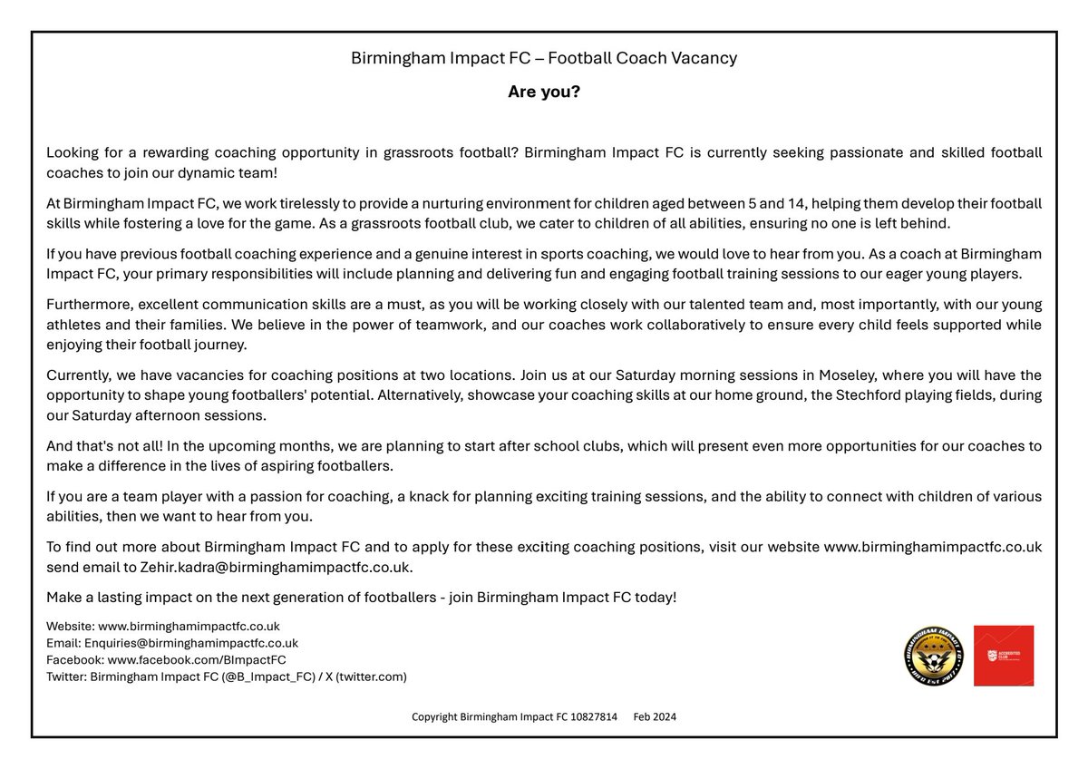 B_Impact_FC's tweet photo. We're on the lookout for some football coaches to join our team. 
Some experience would be preferred but will consider new starters if they have the enthusiasm to learn & have a keen interest in becoming football coaches. 

@BirminghamFA @ZehirKadra @BurhaniRiz @GrBhamChambers #grassrootsfootball #Birmingham @AccessSport @sported_UK