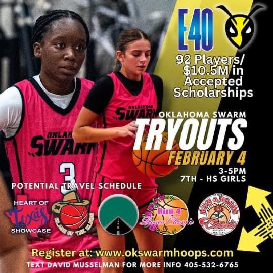 Tryouts are Sunday!!

🚨3-5pm! 

🚨7-HS Girls!

🚨Register at okswarmhoops.com