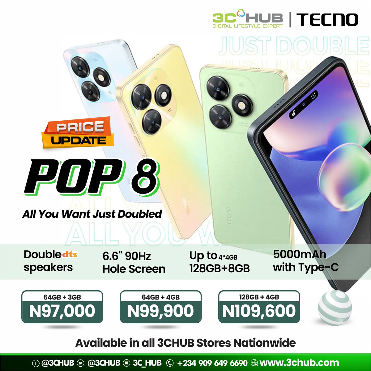 3CHUB's tweet photo. 1 awesome product, 3 awesome variants!😍 The Tecno pop 8 is now available in 3 stunning variants to choose from.

Walk into any 3CHUB store near you to get yours today. ✅

#3chub #POP8 https://t.co/lxYva4quvj