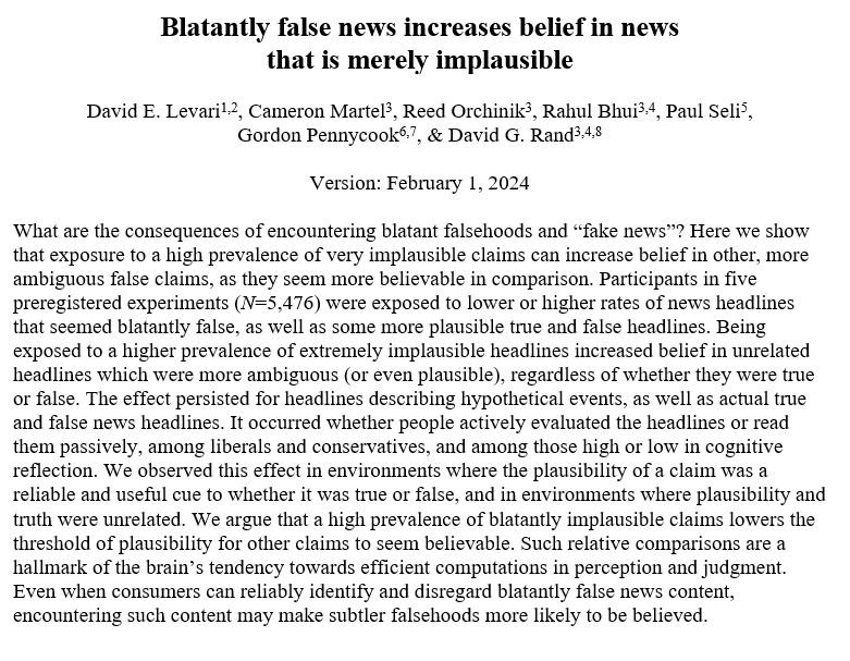 New working paper: 'Blatantly false news increases belief in news that is merely implausible' osf.io/preprints/psya… There's growing concern that AI like GPT-4 is making it easy to create sudden 'cascades' of fake news online. But what impact could those cascades have? (1/9)