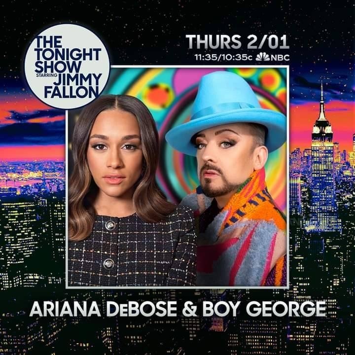 Catch Boy George and Ariana Debose performing on The Tonight Show Starring Jimmy Fallon this Thursday, February 1st at 11:35/10:35c. It's going to be a night filled with "Electric Energy" ⚡️ #FallonTonight