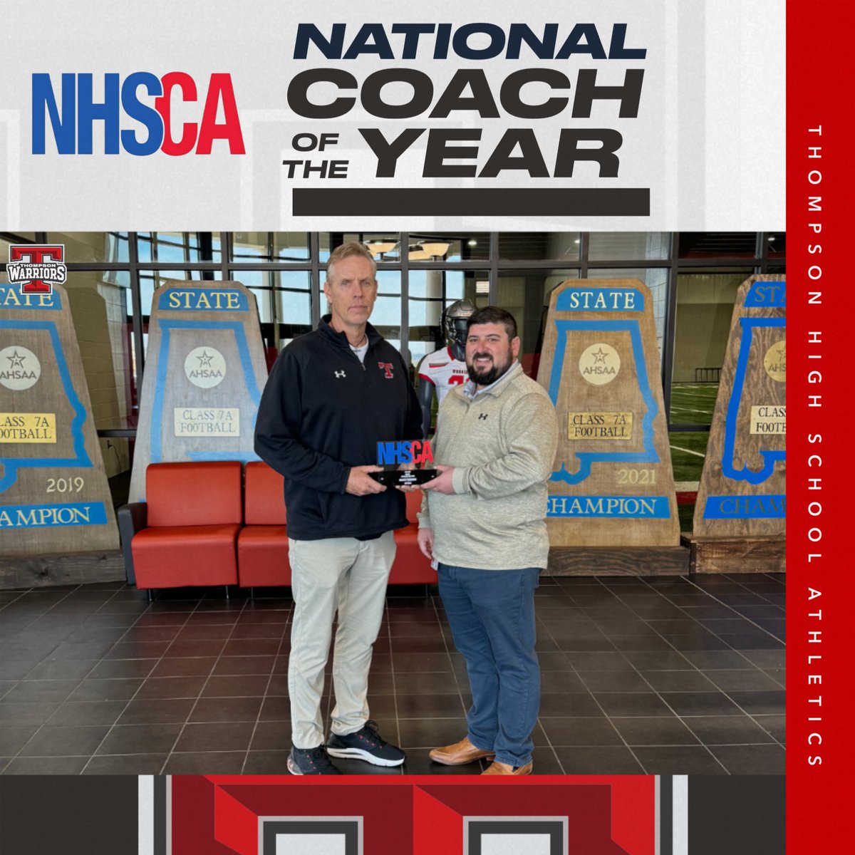 Head Coach Mark Freeman recently named Nation Coach of the Year for football by the National High School Coaches Association Hall of Fame. 📰 Read More thompsonwarriors.org/news/2024/2/2/…