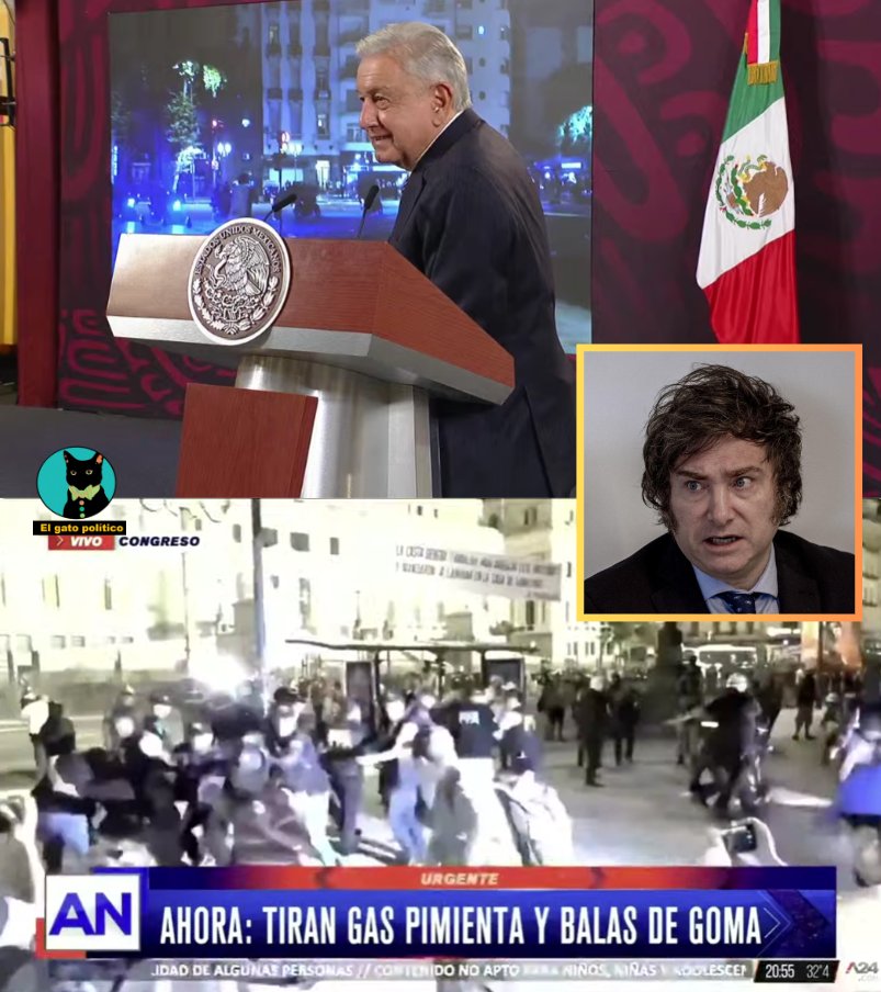 elgatopolitico_'s tweet photo. 🔴🔴Fuerte.
AMLO muestra en la mañanera videos de la brutal represión de Javier Milei ante las protestas masivas en Argentina y asegura que esto no lo pasarán los medios corporativos de México ni CNN ni Fox:

"Lo contrario a lo que se ha hecho en México es lo que está sucediendo en Argentina con Javier Milei (...) el que quiere estudiar tiene que pagar, el que se enferme tiene que pagar, ese es el modelo neoliberal, pero al mismo tiempo el estado en Argentina asume las deudas de una élite de potentados, es lo más inhumano que puede haber, quitarle a los de abajo para darle a los de arriba."
#Mañanera #ConferenciaPresidente