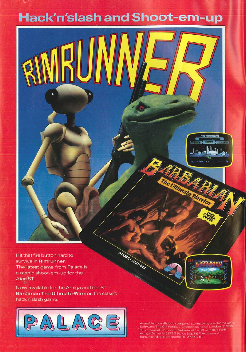 TakodanTweets's tweet photo. 1988 ad for the games 'Rimrunner' and 'Barbarian' by #PalaceSoftware on #AtariST and #Commodore #Amiga https://t.co/MYy9kJ99QM