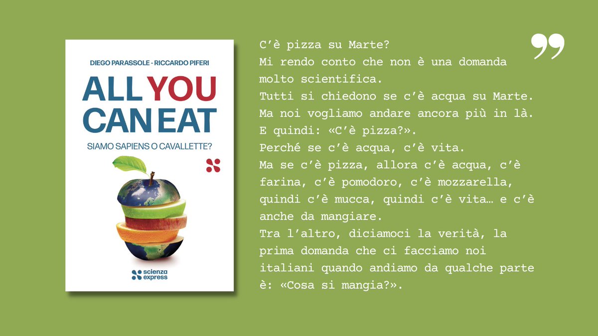 "E visto che stiamo andando verso il futuro, questa è la domanda fondamentale per tutti noi: «Ci sarà da mangiare nel futuro? E se sì, come si mangerà?»"
<a href="/parassole/">Diego Parassole</a>, All you can eat scienzaexpress.it/catalogo/all-y…
